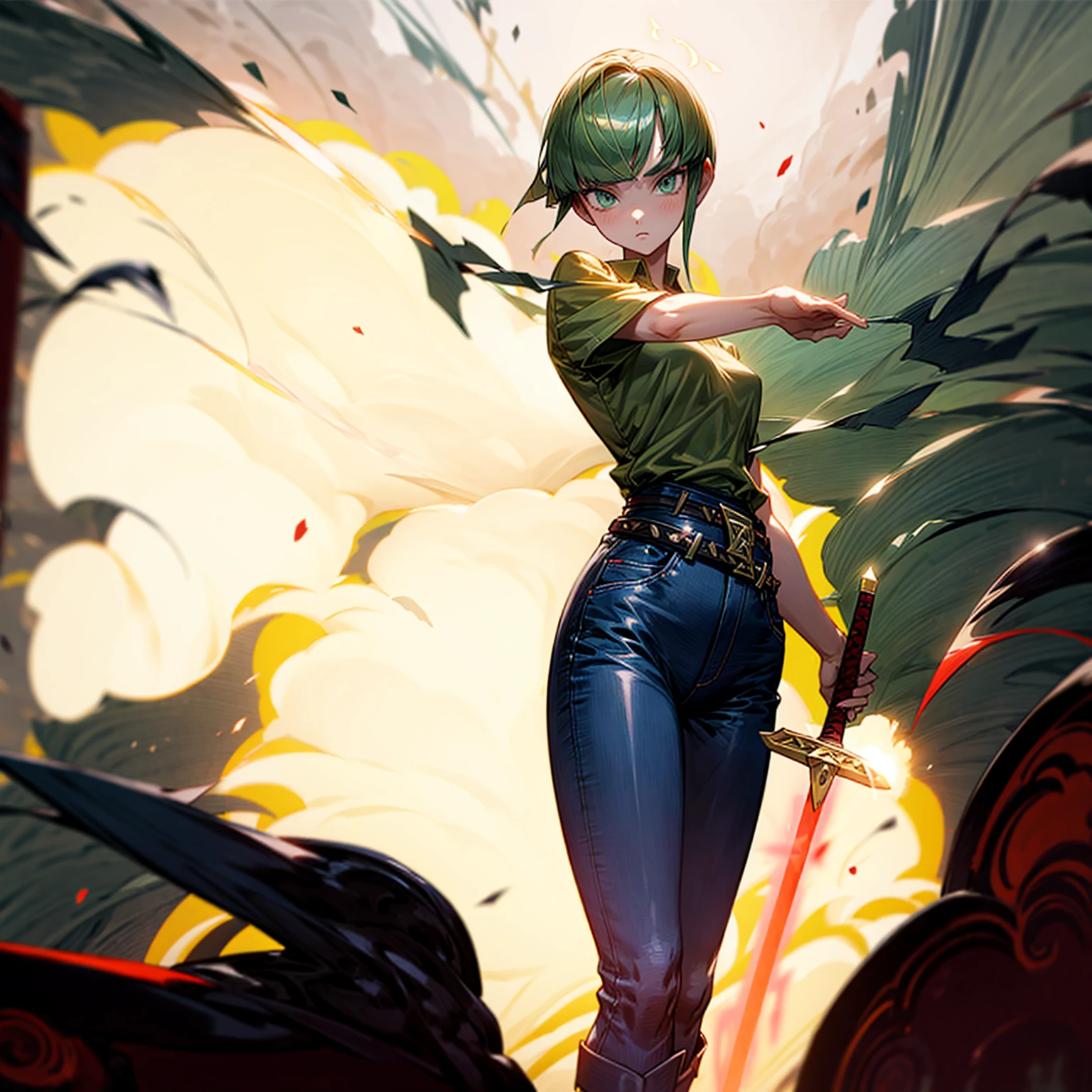 1girl, Full body version, 1character, green eyes, short haircut, (green color hair), undershirt style clothing, red colour clothing, jeans, belt, boots, Grassroots, full background in street city, (motion blur), (detective conan style art), sword in hand, fire effect on sword, lighting effect on sword, fire effect, blood on sword, smoke effect, fire effect