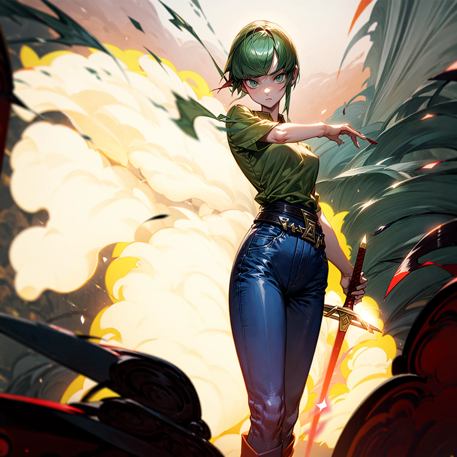 1girl, Full body version, 1character, green eyes, short haircut, (green color hair), undershirt style clothing, red colour clothing, jeans, belt, boots, Grassroots, full background in street city, (motion blur), (detective conan style art), sword in hand, fire effect on sword, lighting effect on sword, fire effect, blood on sword, smoke effect, fire effect