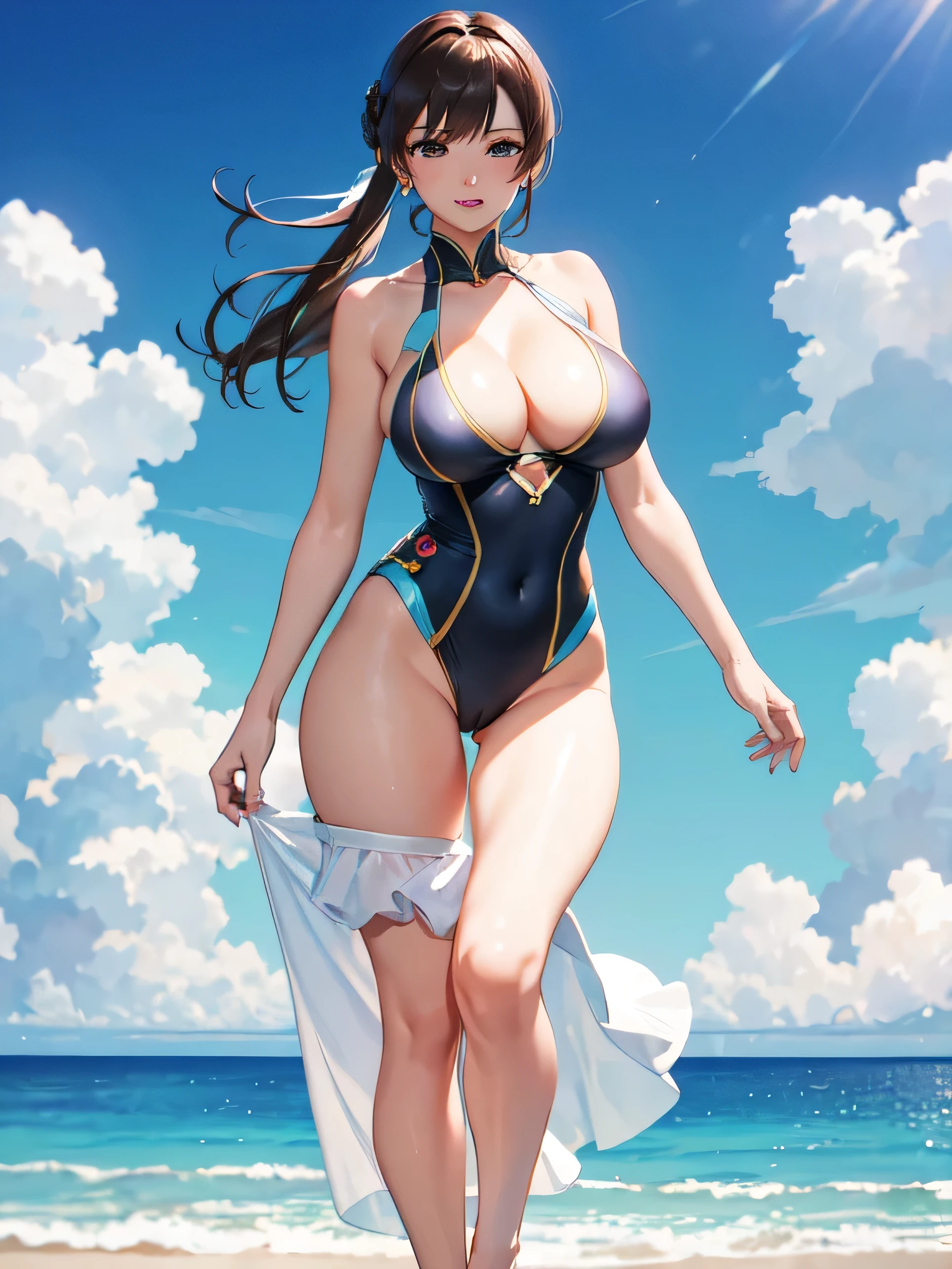 Racing-style Swimsuit ,Chunli ,(((masterpiece))), (((High resolution)))、(((8K quality)))、(((Perfect Face)))、Looking into the camera, ((Top quality eyes)), (Detailed face), (Detailed Texture), ((Big Breasts1.2)),Embarrassed,Ocean Background,whole body,Feels good,Pleated skirt,Long skirt,pussy,