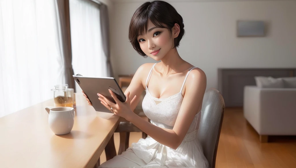 masterpiece, realistic, photorealistic, best quality, beautiful detailed, natural lighting, sharp focus, depth of field, slim body, abs:1.2, cleavage, best quality real texture skin, Detailed beautiful delicate face and eyes, beautiful Japanese young woman, eyes open, looking at viewer, best quality real texture skin, Detailed beautiful delicate face and eyes, double eyelid, smile:1.2, white teeth:1.2, very short straight brown hair, 