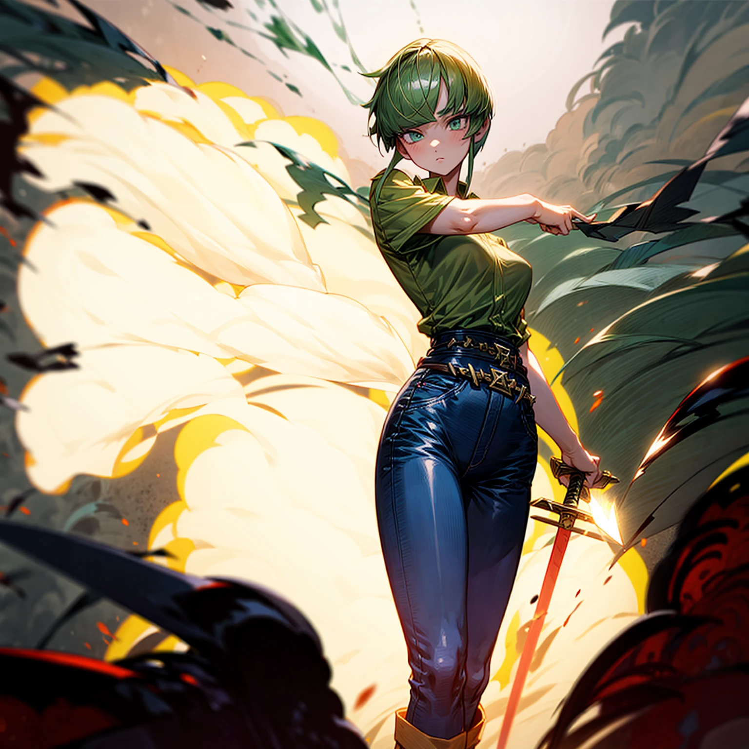 1girl, Full body version, 1character, green eyes, short haircut, (green color hair), undershirt style clothing, red colour clothing, jeans, belt, boots, Grassroots, full background in street city, (motion blur), (detective conan style art), sword in hand, fire effect on sword, lighting effect on sword, fire effect, blood on sword, smoke effect, fire effect 