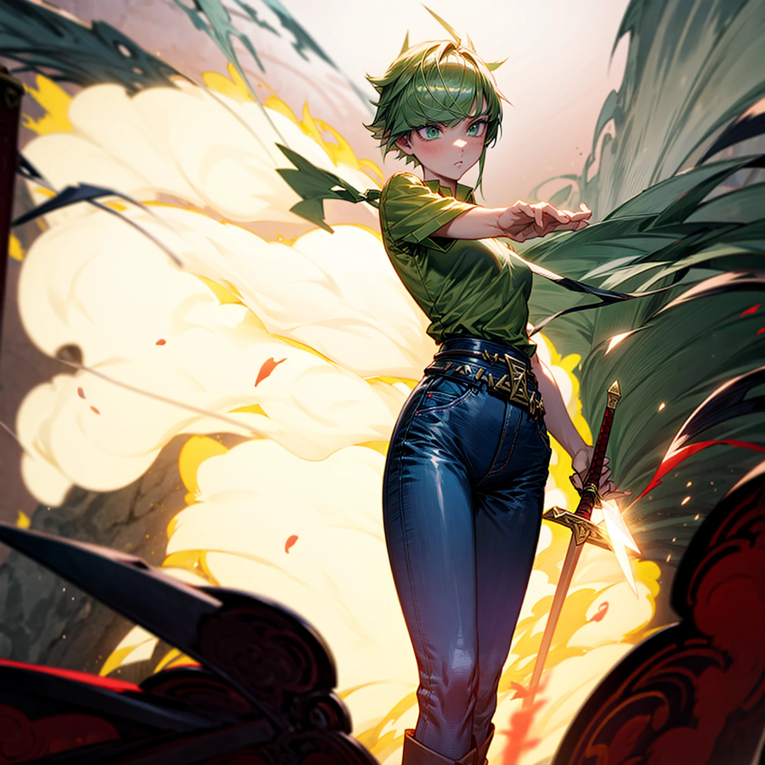 1girl, Full body version, 1character, green eyes, short haircut, (green color hair), undershirt style clothing, red colour clothing, jeans, belt, boots, Grassroots, full background in street city, (motion blur), (detective conan style art), sword in hand, fire effect on sword, lighting effect on sword, fire effect, blood on sword, smoke effect, fire effect