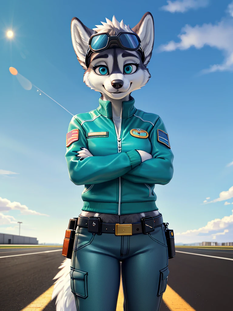 [Uploaded to e621.net; (mayosplash), (Pixelsketcher)], ((masterpiece)),((female)),((tight clothes)), ((HD)), ((high res)), ((solo portrait)), ((full body)), ((front view)), ((furry; anthro)), ((detailed fur)), ((detailed shading)), ((beautiful render art)), ((cel shading)), {(anthro male husky), grey fur, black nose, (pointy ears), (cute round teal eyes), (smug grin), (confident expression)}, {(black zip-up track jacket), (teal shirt), (green scarf), (visors on head), (white leather jacket with shiny texture), (blue cargo pants), (utility belt with gold triangle belt buckle), (grey combat boots)}, {(standing), (crossed arms), (looking for viewer)}, [background; (air force base), (plane runway), (blue sky), (bright sun), (sun rays), (ambient lighting)]
