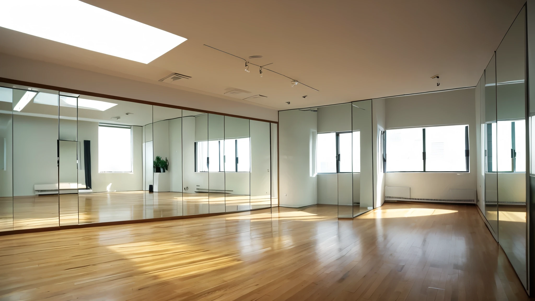 Modern ballet studio interior、The walls are white and feature stylish windows and long mirrors.、High resolution illustrations
