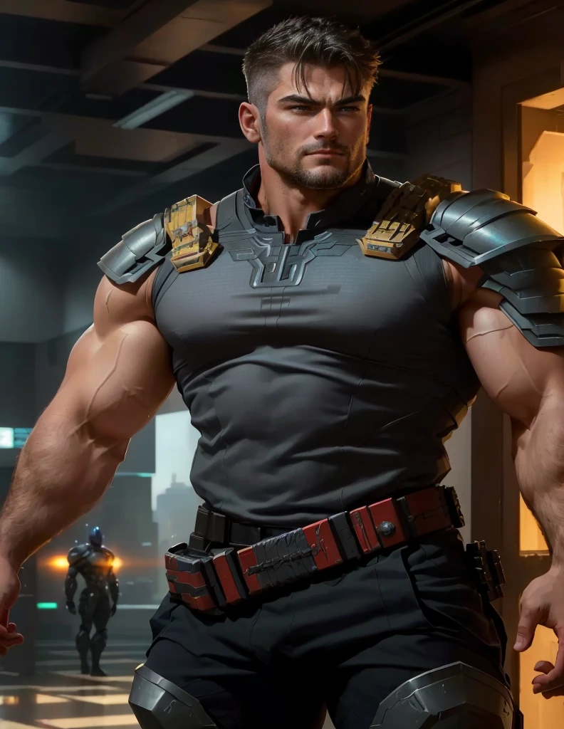 Wearing armor、Man holding araf standing in corridor, Handsome strong man in armor, Sci-fi armor! muscular, muscular! Cyberpunk, Charismatic male with armor, muscular male hero, Full body X-Force gear, Wearing sci-fi military armor, Wearing labradorite body armor, Halo:Thor's Hammer Armor in Infinity
