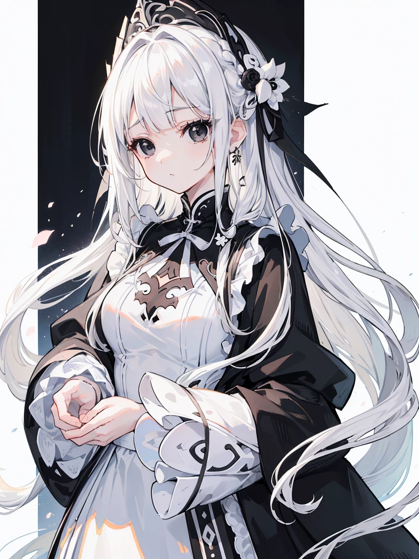 (Top image quality)、(Very detailed)、(Facing forward)、Top quality、masterpiece、(((1 girl )))、Silver Hair、White hair、((Long hair))、Weaving、(black eyes:1.6)、(White and black cheongsam)、Hooded dress、Lots of decorations、Lots of ribbons、White Ribbon、ruthless、Fluffy loose hair