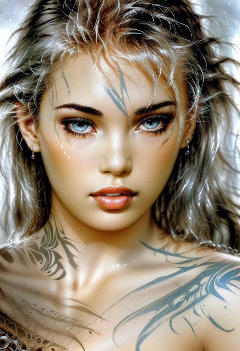 Hyper photo realistic picture perfect luis royo tattooed, hyper realistic face, realistic detailed skin, 8k photo perfect Realism, luis royo background 