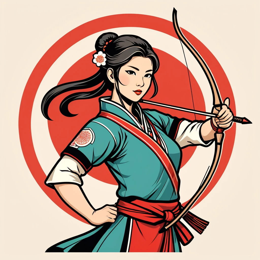 female archer in japan folk outfit, vector graphics, strong contours, logo design