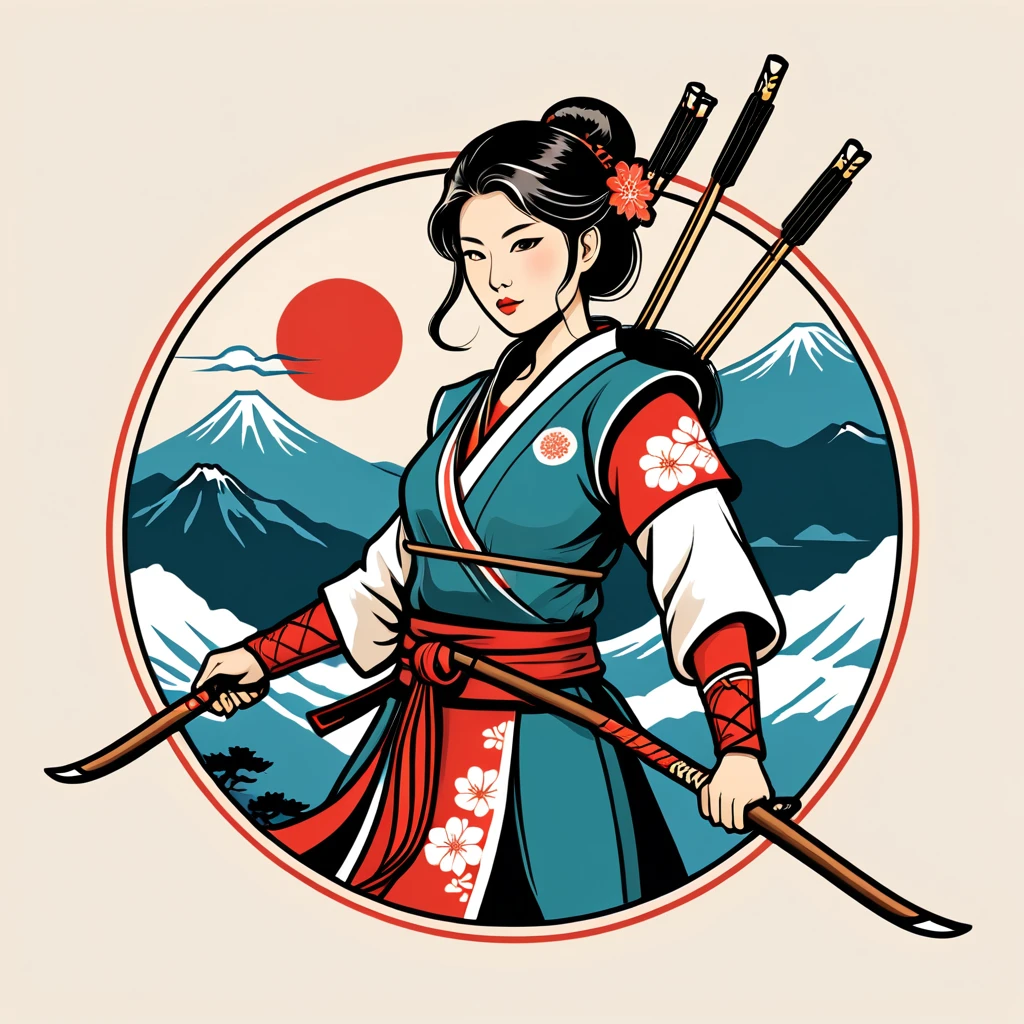 female archer in japan folk outfit, vector graphics, strong contours, logo design
