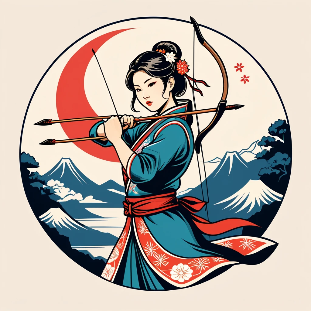 female archer in japan folk outfit, vector graphics, strong contours, logo design