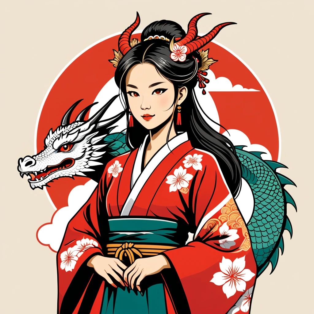 female dragon in japan folk outfit, vector graphics, strong contours, logo design
