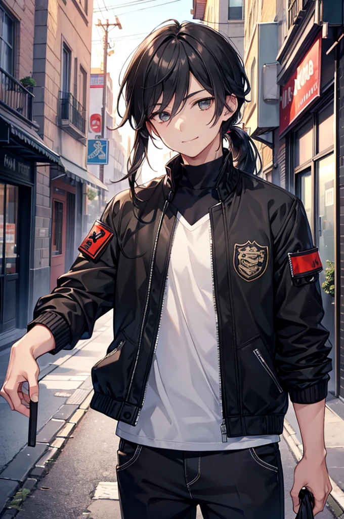 1.5, best quality, high quality, High definition, High quality texture, high detail, beautiful detailed, finely detailed, extremely detailed cg, detailed texture, 1man, boy, male, ((casual)), delinquent, black hair, long ponytail, street clothes, smiling, relaxed, gang jacket