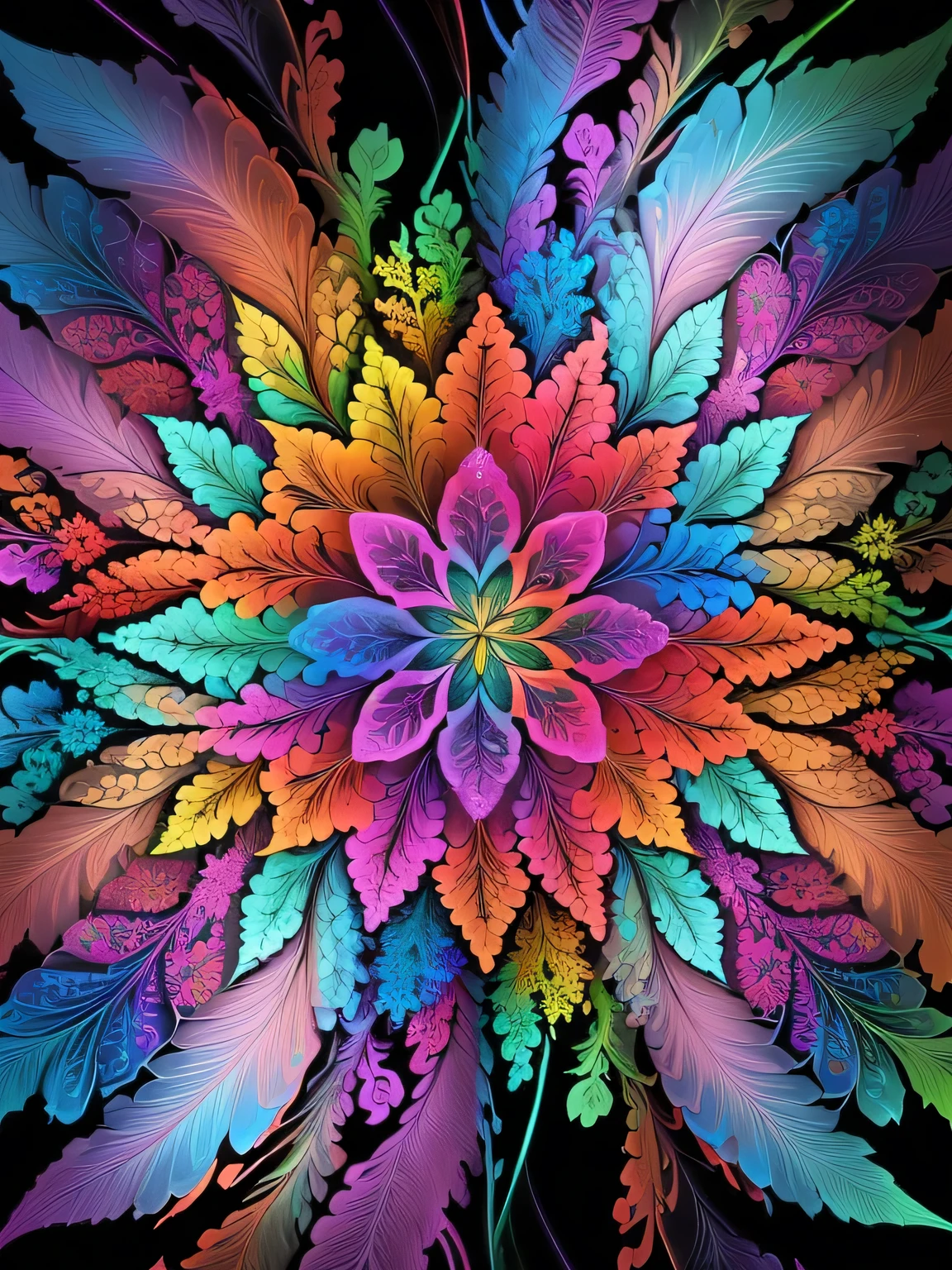 Close up of a colorful flower with many leaves, Complex colors, Fractal feathers, Rainbow Color Fractal, Sacred fractal structures, psychedelic Fractal Art, complex, Psychedelic fractal pattern, Fractal Silk, Fractal Art, Fractal Baroque, Fracturism, Complex psychedelic pattern, Complex and vivid colors, Complex fractals, Visionary fractal structures, Fractal algorithm art, Complex fractalss