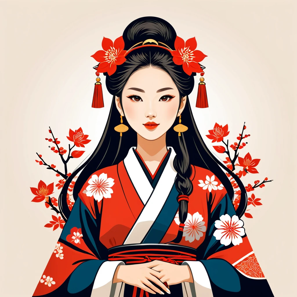 female enchanter in japan folk outfit, vector graphics, strong contours, logo design