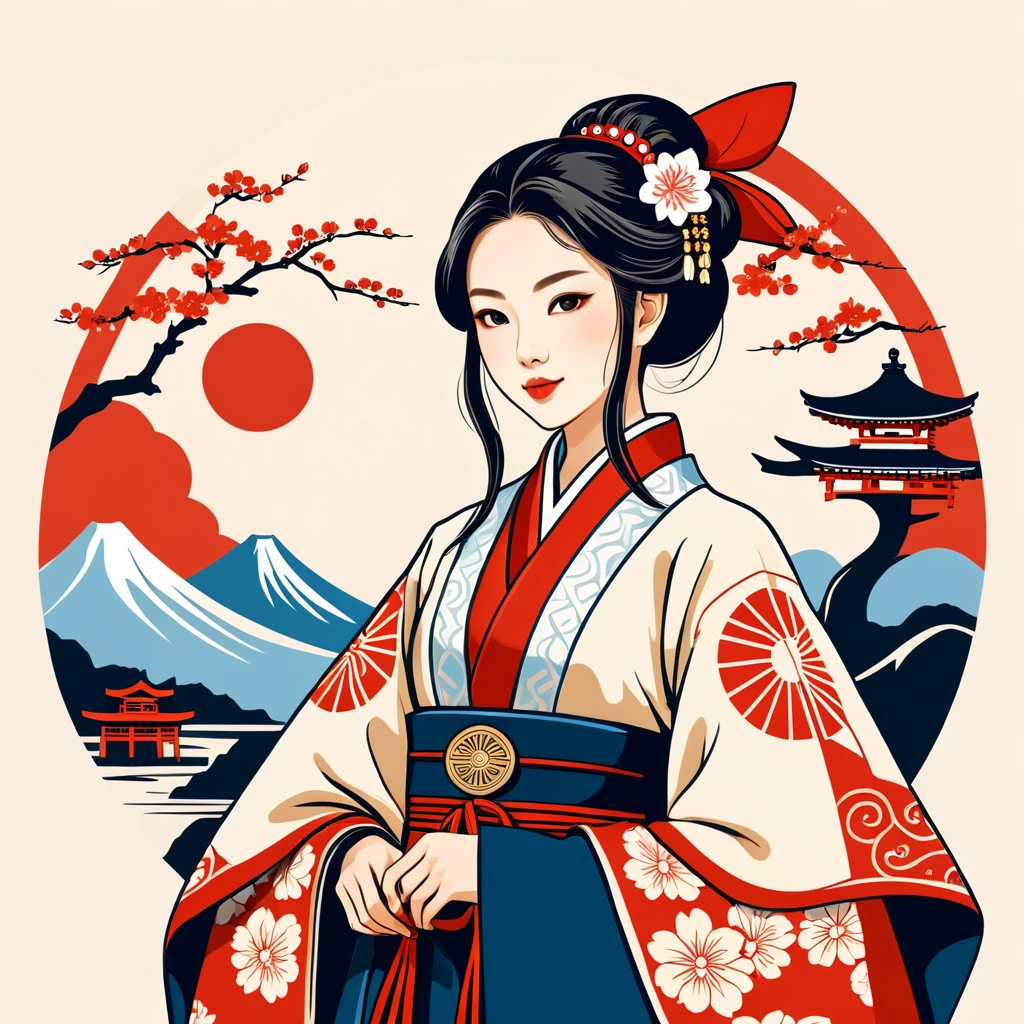 female enchanter in japan folk outfit, vector graphics, strong contours, logo design