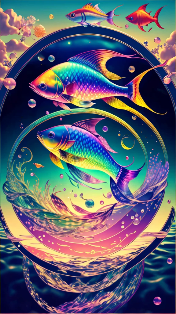 Fish swimming in the rainbow sea,colorful,Beautiful fish,Various kinds of fish、wonderful景色,Utopia,An atmosphere full of dreams and hope,masterpiece.16K, Ultra-high resolution, Ultra-high resolution, to be born,wonderful ,future、Iridescent、The world 30 years from now。
