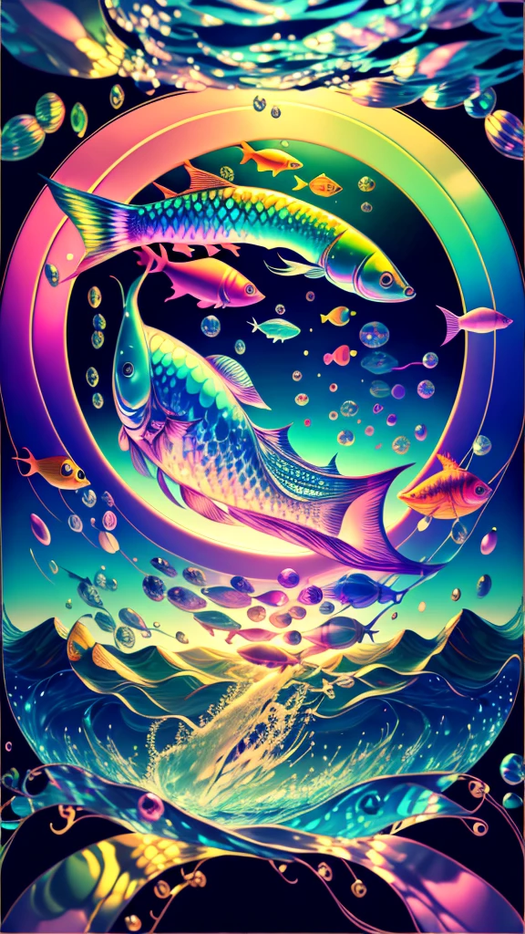 Fish swimming in the rainbow sea,colorful,Beautiful fish,Various kinds of fish、wonderful景色,Utopia,An atmosphere full of dreams and hope,masterpiece.16K, Ultra-high resolution, Ultra-high resolution, to be born,wonderful ,future、Iridescent、The world 30 years from now。