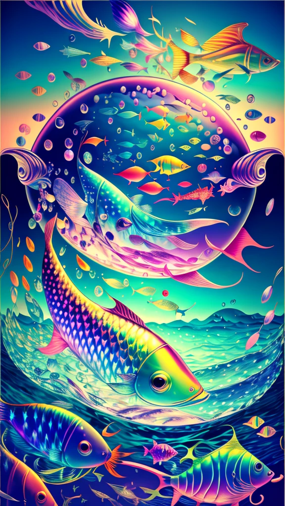 Fish swimming in the rainbow sea,colorful,Beautiful fish,Various kinds of fish、wonderful景色,Utopia,An atmosphere full of dreams and hope,masterpiece.16K, Ultra-high resolution, Ultra-high resolution, to be born,wonderful ,future、Iridescent、The world 30 years from now。