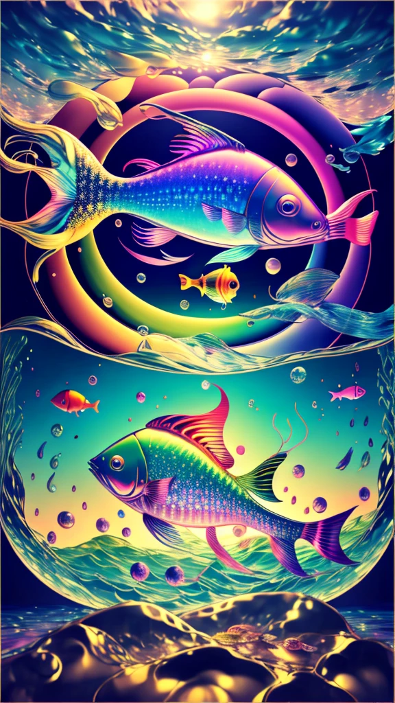 Fish swimming in the rainbow sea,colorful,Beautiful fish,Various kinds of fish、wonderful景色,Utopia,An atmosphere full of dreams and hope,masterpiece.16K, Ultra-high resolution, Ultra-high resolution, to be born,wonderful ,future、Iridescent、The world 30 years from now。