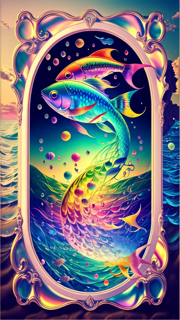 Fish swimming in the rainbow sea,colorful,Beautiful fish,Various kinds of fish、wonderful景色,Utopia,An atmosphere full of dreams and hope,masterpiece.16K, Ultra-high resolution, Ultra-high resolution, to be born,wonderful ,future、Iridescent、The world 30 years from now。