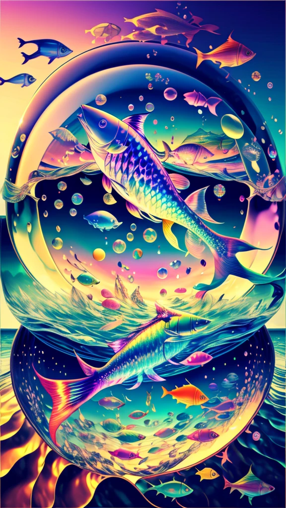 Fish swimming in the rainbow sea,colorful,Beautiful fish,Various kinds of fish、wonderful景色,Utopia,An atmosphere full of dreams and hope,masterpiece.16K, Ultra-high resolution, Ultra-high resolution, to be born,wonderful ,future、Iridescent、The world 30 years from now。