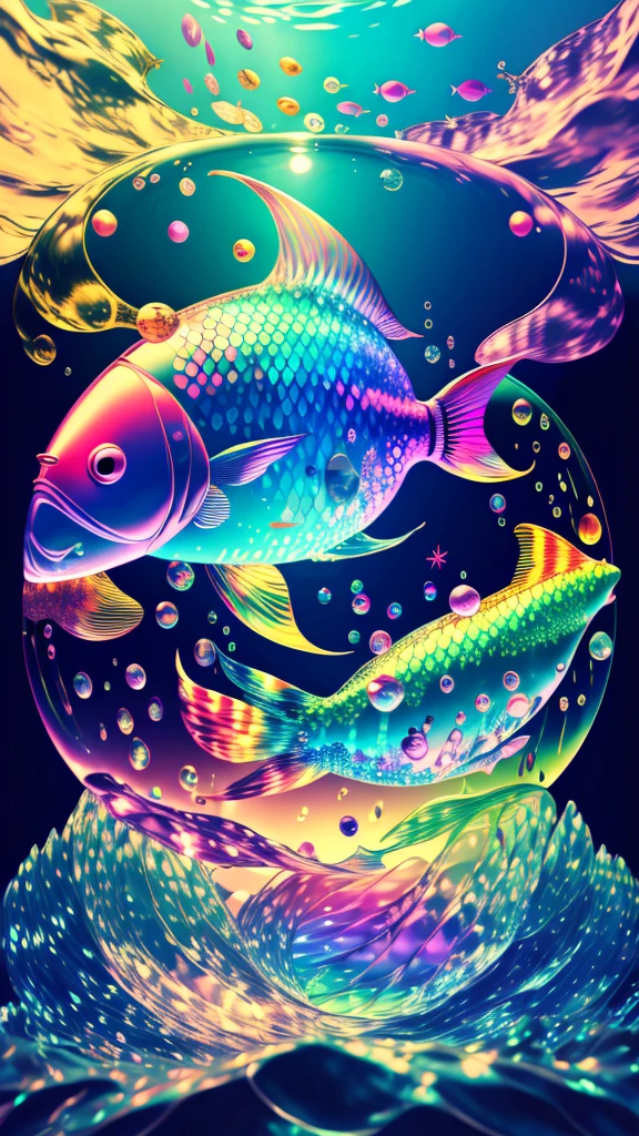 Fish swimming in the rainbow sea，colorful，Beautiful fish，Various kinds of fish、wonderful景色，Utopia，An atmosphere full of dreams and hope，masterpiece．16K, Ultra-high resolution, Ultra-high resolution, to be born,wonderful ,future、Iridescent、The world 30 years from now。