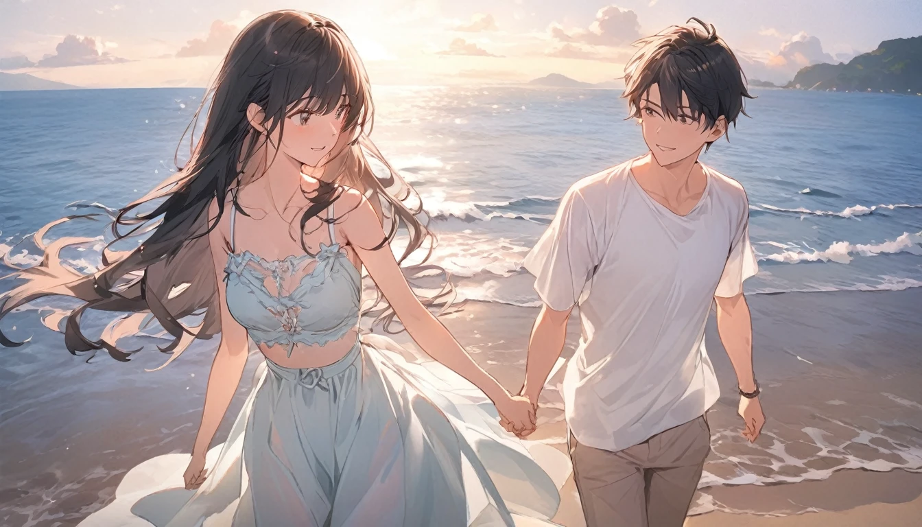 (Highest quality),Couple,Walking hand in hand,beach