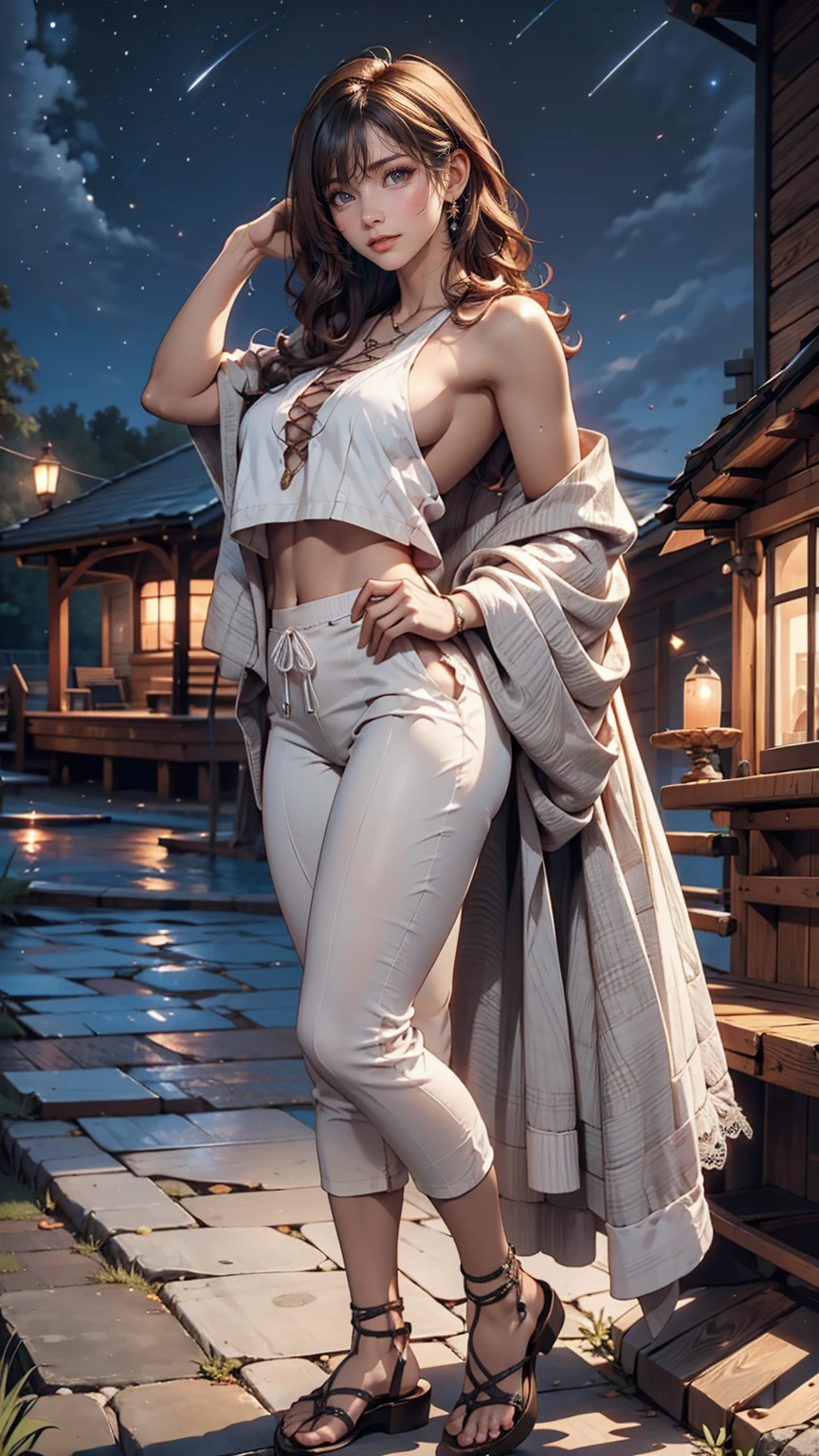 masterpiece, Beautiful Goddess of the Void, Full body white transparent clothing standing under the stars at night in the sky, Disappearing Transparent Pants, Full body standing, Tall figures, Thin legs, Facial details, Body parts details, 8k wallpaper、24-year-old female、Sexy proportions、Sexy、Textured skin((textured skin))、Narrow waist、Long eyelashes、bottomless、topless、Lace-up sandals、smile