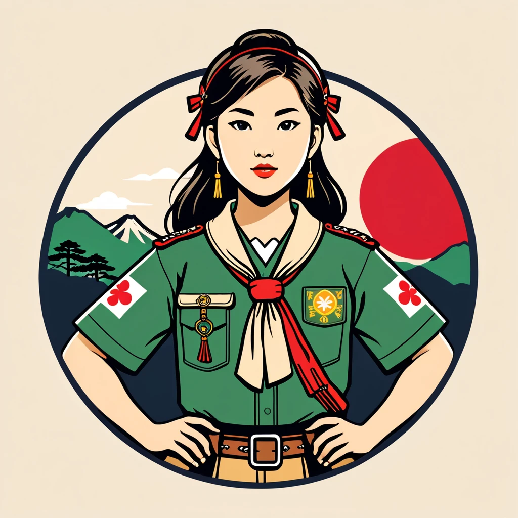 female scout in japan folk outfit, vector graphics, strong contours, logo design