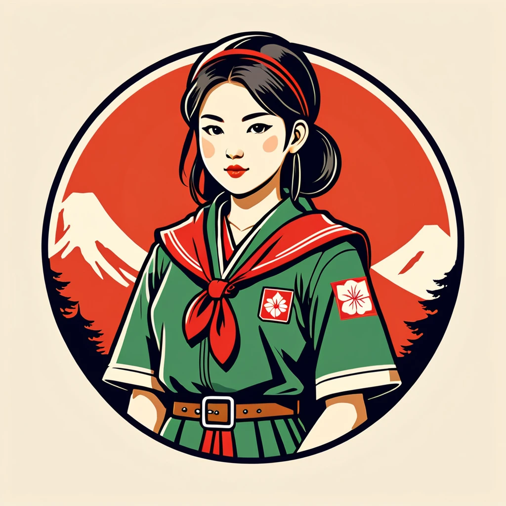 female scout in japan folk outfit, vector graphics, strong contours, logo design