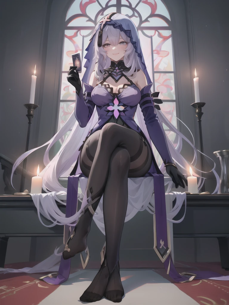 ((masterpiece,best quality)), 1girl, blackswan, veil, elbow gloves, black pantyhose, no shoes, sitting, crossed legs, (from below:1.2), smile, holding card, tarot, full body, candle,