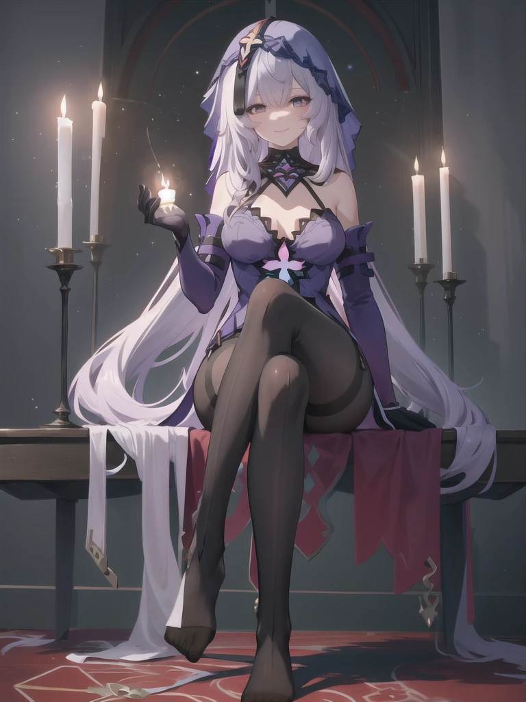 ((masterpiece,best quality)), 1girl, blackswan, veil, elbow gloves, black pantyhose, no shoes, sitting, crossed legs, (from below:1.2), smile, holding card, tarot, full body, candle,