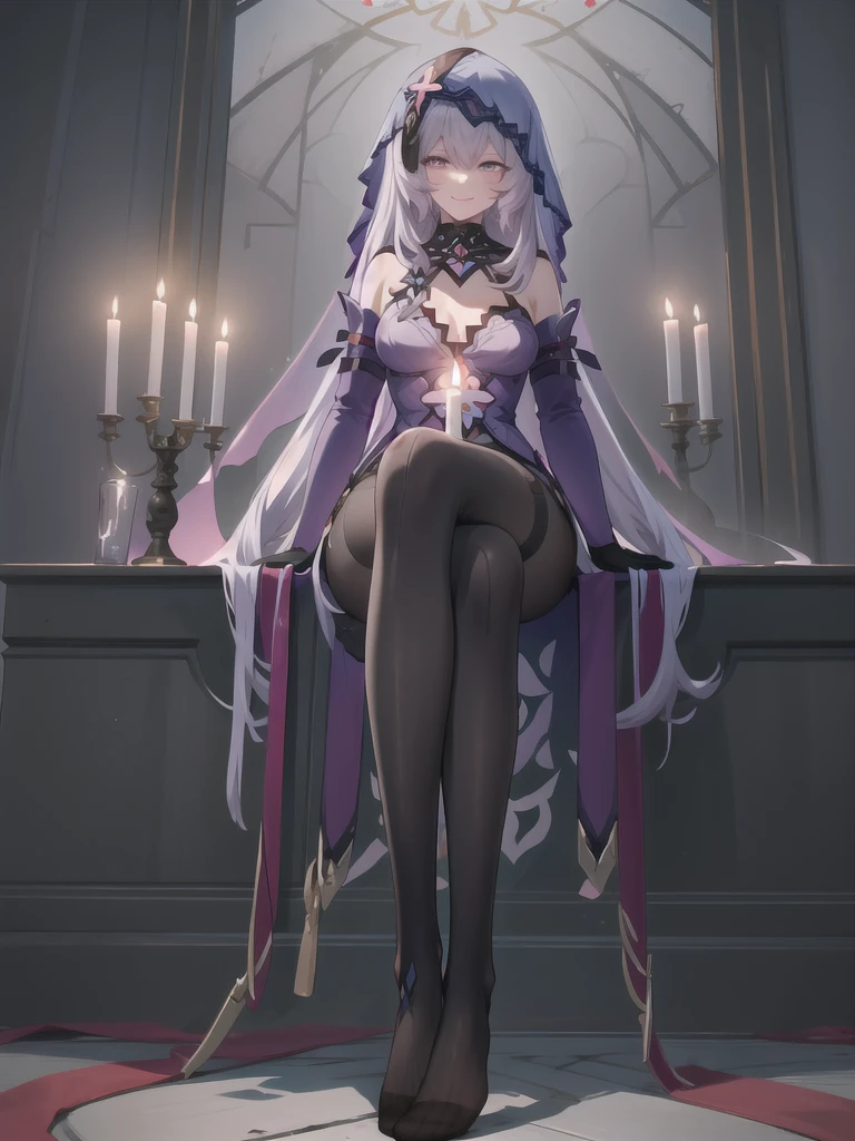 ((masterpiece,best quality)), 1girl, blackswan, veil, elbow gloves, black pantyhose, no shoes, sitting, crossed legs, (from below:1.2), smile, holding card, tarot, full body, candle,