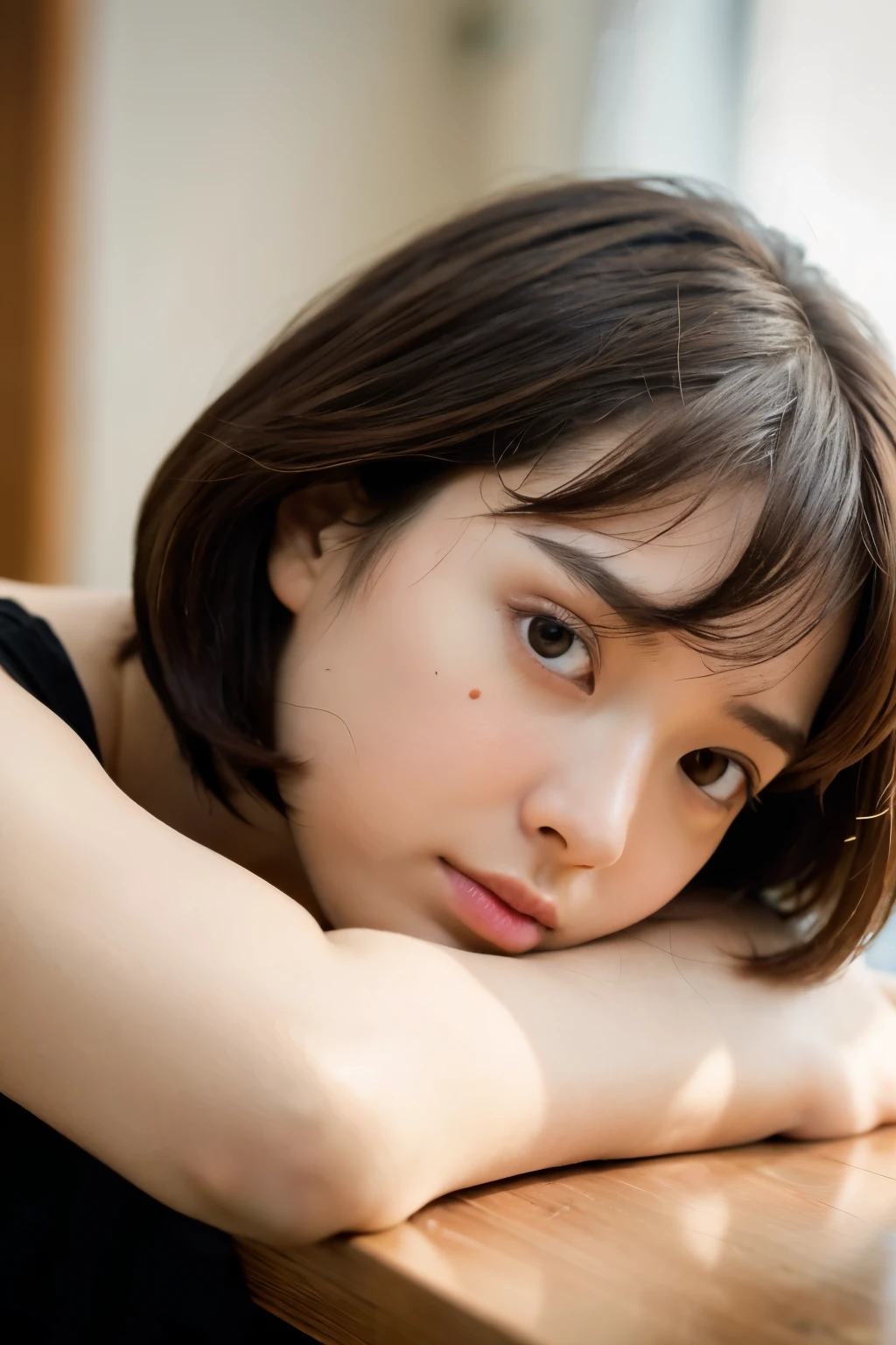 ((Highest quality)), ((masterpiece)), (detailed), woman、Beautiful Face、short hair、Brown Hair、Falling face down on the table、A melancholic look、Fold your arms and bury your face
