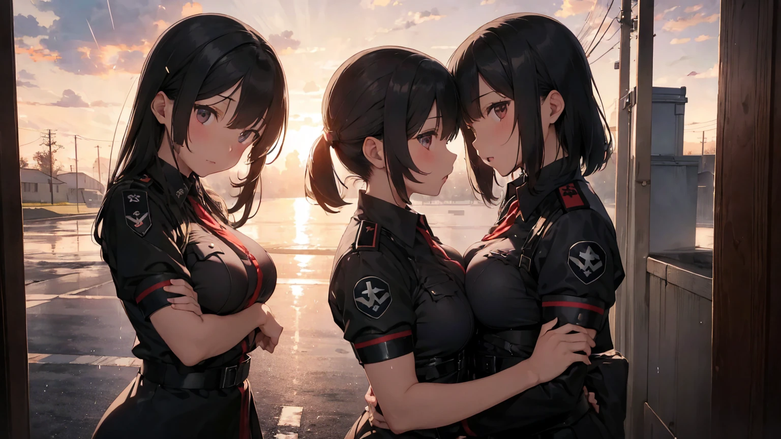  Gestapo uniform, female lesbian  kawaii sisters kissing passionately with T-54 military tank. wearing Luftwaffe uniforms. 8k. masterpiece. best quality. best artwork. lingerie. Swastika insignia red armband. bare breasts. sunset. rain