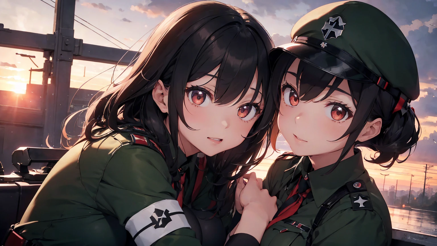 Gestapo uniform, female lesbian kawaii sisters kissing passionately with T-54 military tank. wearing Luftwaffe uniforms. 8k. masterpiece. best quality. best artwork. lingerie. Swastika insignia red armband. bare breasts. sunset. rain