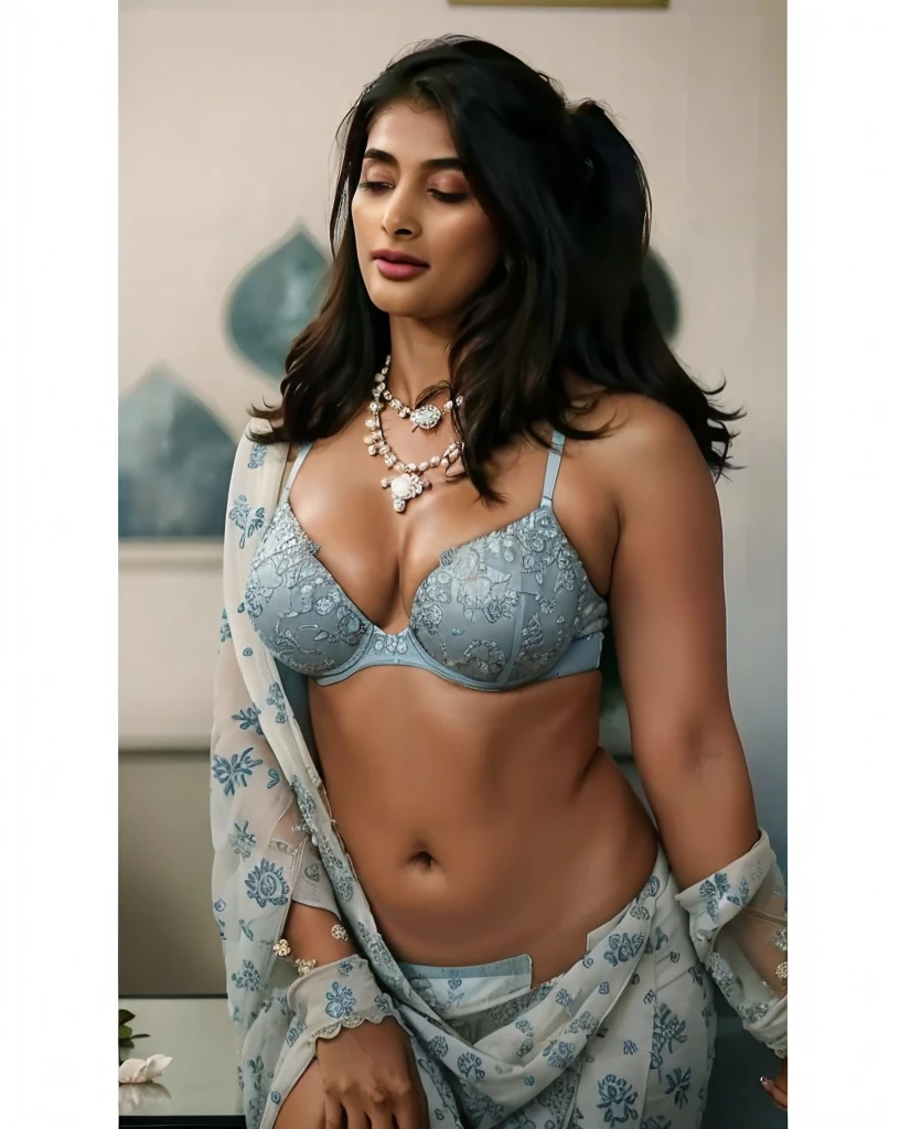  photo of Semi naked pooja hegde masturbating pussy in office, chin up and self pleasure in pain, open mouth wide, laugh, curvy, hourglass figure, closed eyes, standing with wide open spread legs, necklace, blue floral lace bra and saree, sultry, ponytail, 