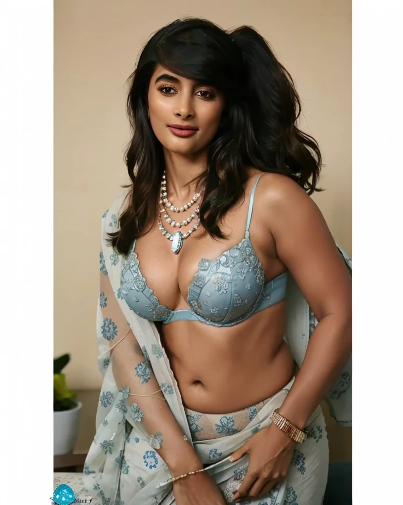  photo of Semi naked pooja hegde masturbating pussy in office, chin up and self pleasure in pain, open mouth wide, laugh, curvy, hourglass figure, closed eyes, standing with wide open spread legs, necklace, blue floral lace bra and saree, sultry, ponytail, 