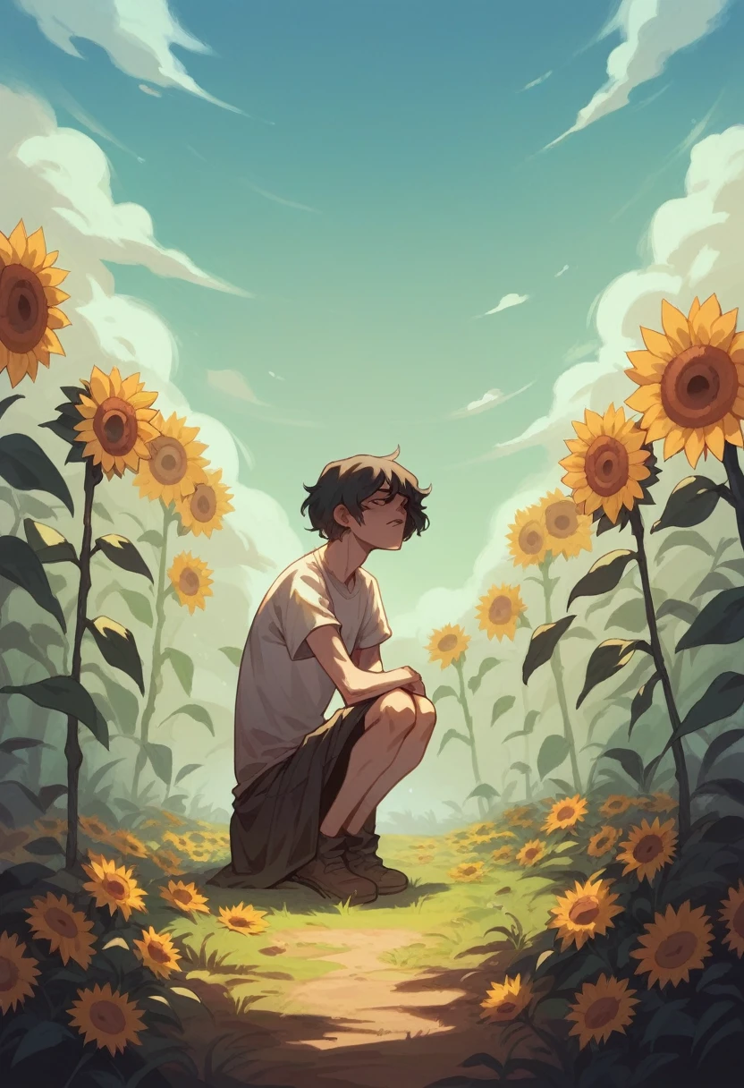 Horror, a skinny pale and starv death man with a sunflower instead his head, huge gargantuan black sun, humanoids overgrown with flowers, woman’s on knees