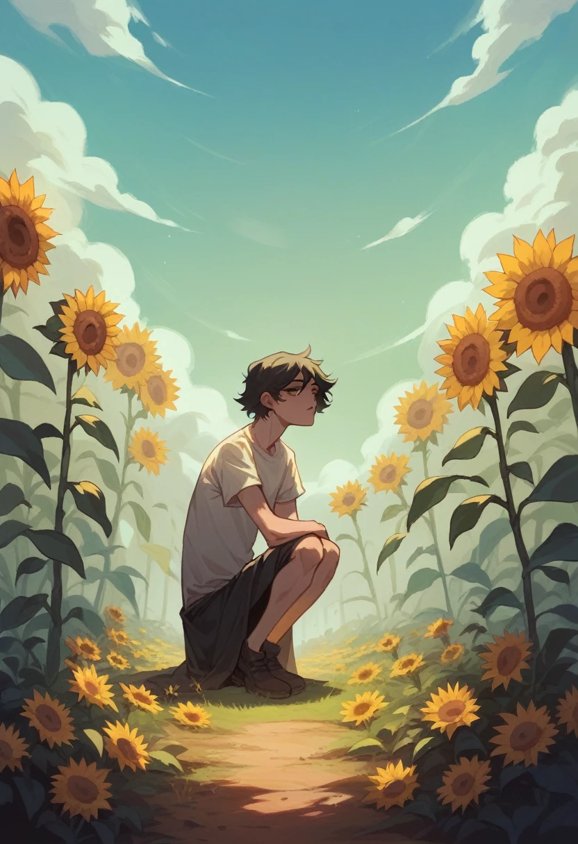 Horror, a skinny pale and starv death man with a sunflower instead his head, huge gargantuan black sun, humanoids overgrown with flowers, woman’s on knees
