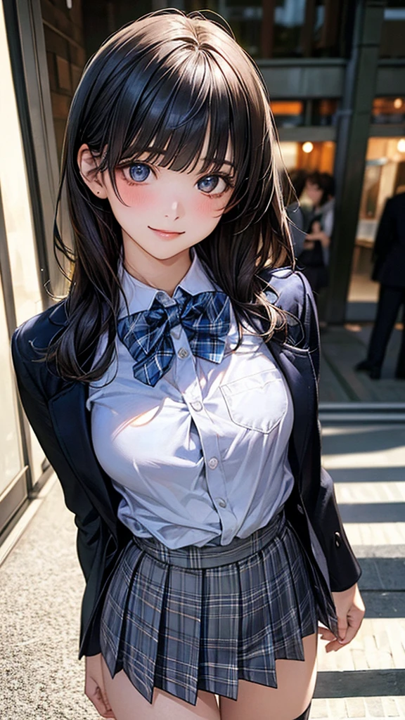 (masterpiece:1.2, top-quality), (realistic, photorealistic:1.4), beautiful illustration, (natural side lighting, movie lighting), nsfw,
looking at viewer, cowboy shot, front view:0.6, 1 girl, japanese, high school girl, perfect face, cute and symmetrical face, shiny skin,
(long hair:1.8, straight hair:1.7, black hair), blunt bangs, gold eyes, long eye lasher, (large breasts:0.8, thick thighs),
beautiful hair, beautiful face, beautiful detailed eyes, beautiful clavicle, beautiful body, beautiful chest, beautiful thigh, beautiful legs, beautiful fingers,
((white collared shirts, black jacket, grey pleated mini skirt, black socks, black loafers, blue plaid bow tie)),
(beautiful scenery), evening, riverside, standing, (lovely smile, upper eyes),