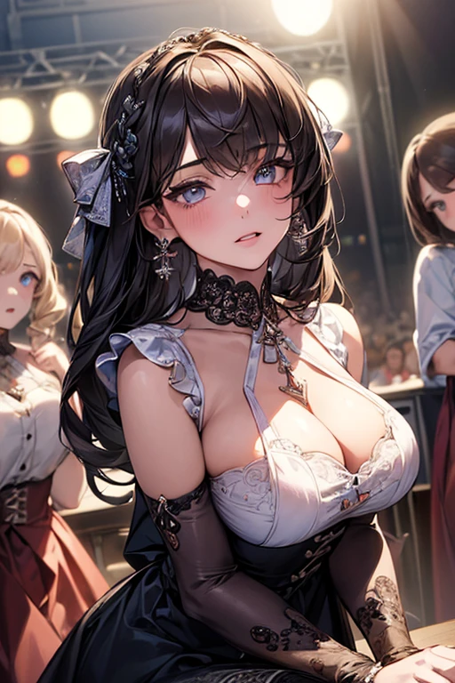 (masterpiece:1.2), (best quality:1.2), (extremely detailed:1.2), (extremely detailed face), (photorealistic:1.2), (ultra detailed), ((3girls:1.6)), delicate eyes and face, detailed eyes, (Clothing:1.0), breasts, (concert, crowd:1.3)