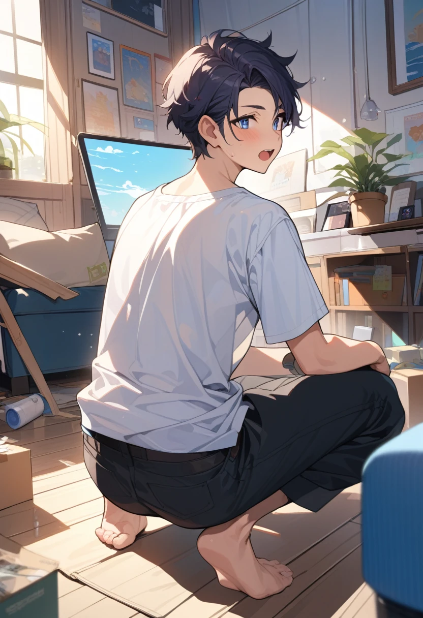 masterpiece, best quality, extremely detailed, ultra detailed, flat anime, 2D,
((1boy)),black hair, (short hair:1.5),blue eyes, height 1.7meters, (circle eyes:1.2), (young adult:1.2), Ear-length sideburns,
long Sleeves, White T-shirt, barefoot, ((short sleeves)), ((long pants)),
squatting, looking back, open mouth,
summer, 12AM, livingroom,organizing the boxes.,