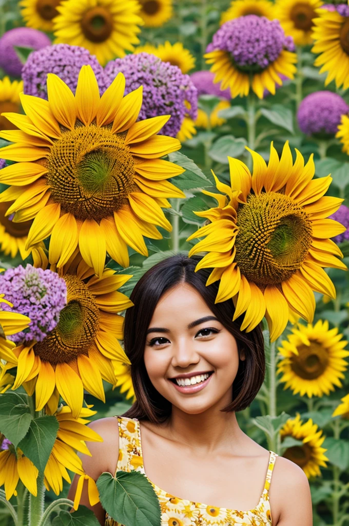Image of Sunny the Sunflower with a bright smile, surrounded by colorful flowers]