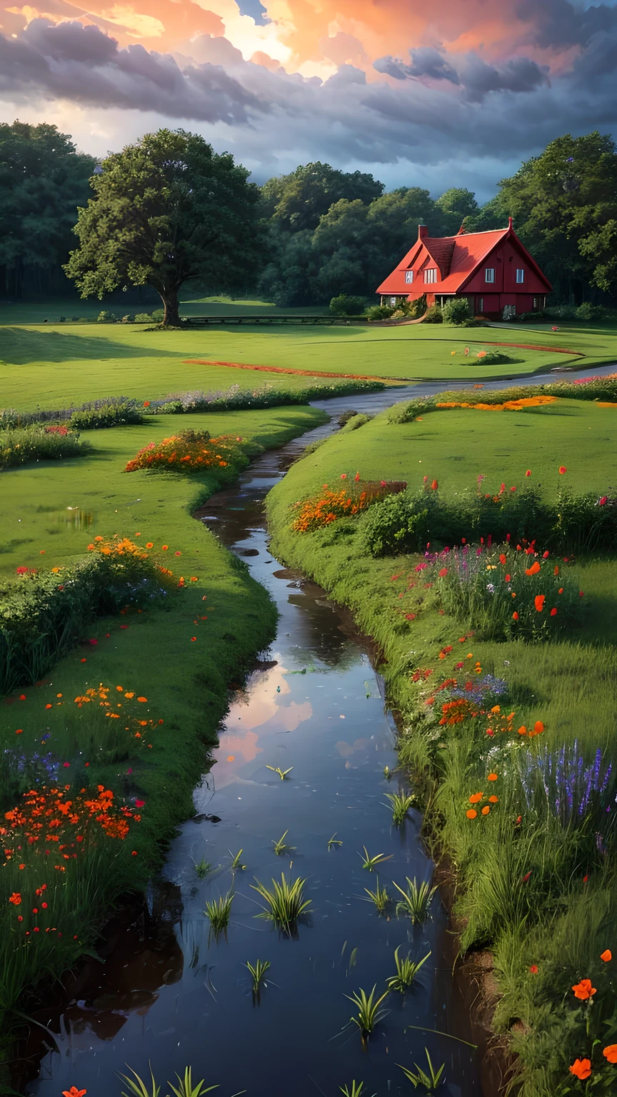 Create a peaceful rural landscape in the summer drizzle. A cozy cottage with a red roof sits on a large, lush green trees. The sky is full of drama, The rolling clouds are bright orange and, sunlight shining through, Contrasting with the dark blue rain clouds. an arrow, The winding path leads to the cottage, Surrounded by bright red and orange wildflowers, and lush green grass. The small puddles formed by rain on the roadside provide a tranquil and beautiful atmosphere., A fusion of nature and tranquility, Painted with highly saturated colors，To enhance the vividness and charm of the scenery