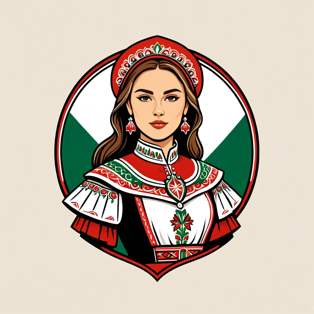 female paladin in hungarian folk outfit, vector graphics, strong contours, logo design