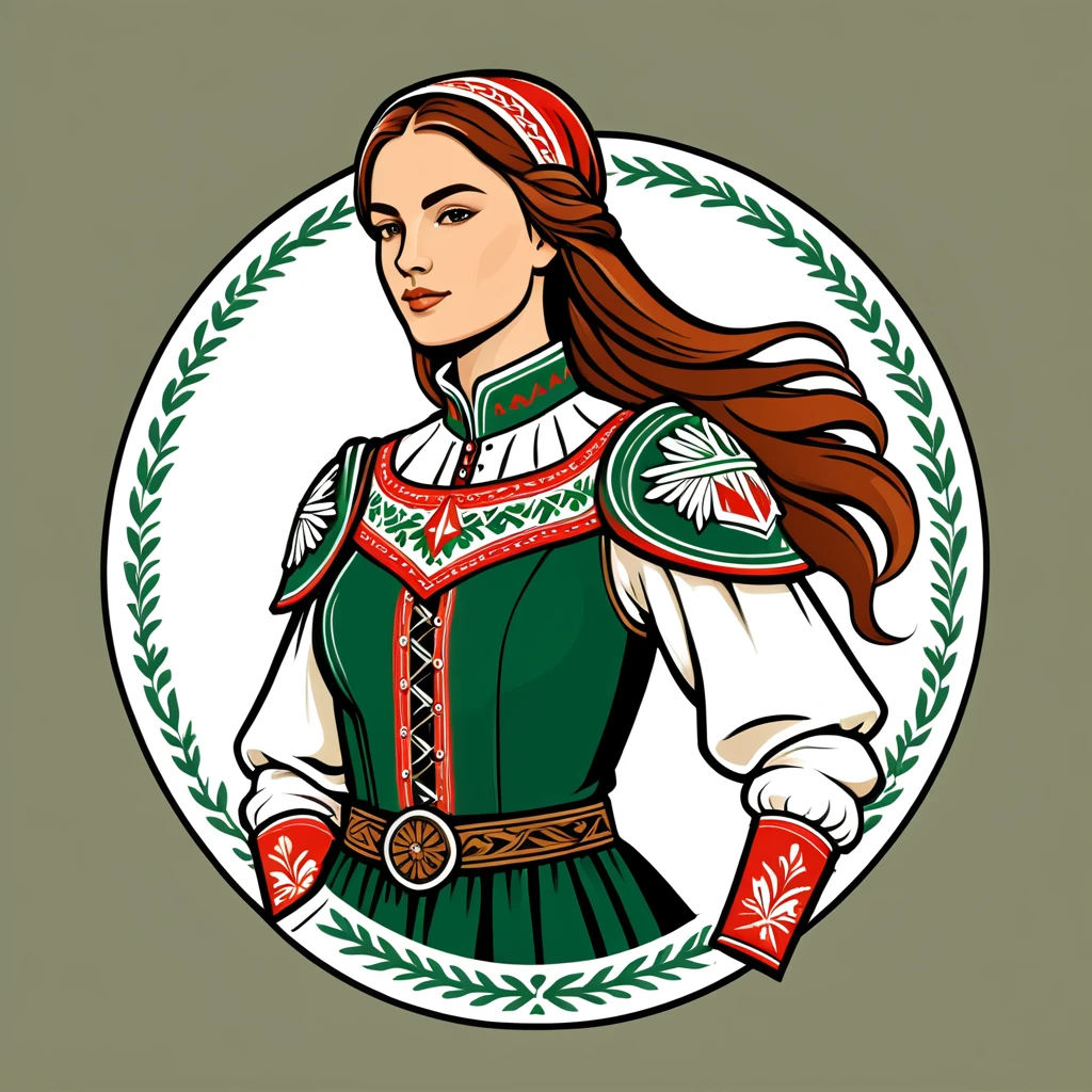 female paladin in hungarian folk outfit, vector graphics, strong contours, logo design
