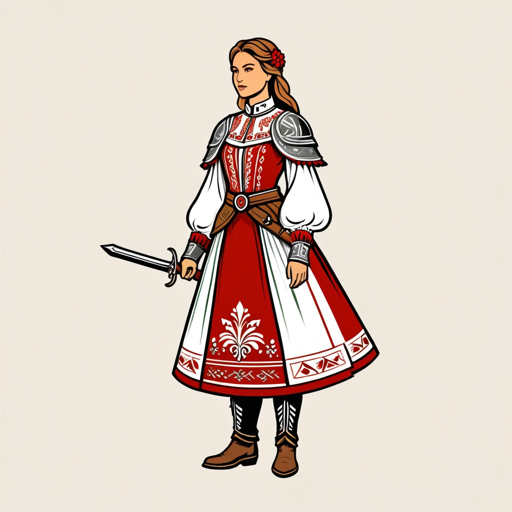 female paladin in hungarian folk outfit, vector graphics, strong contours, logo design