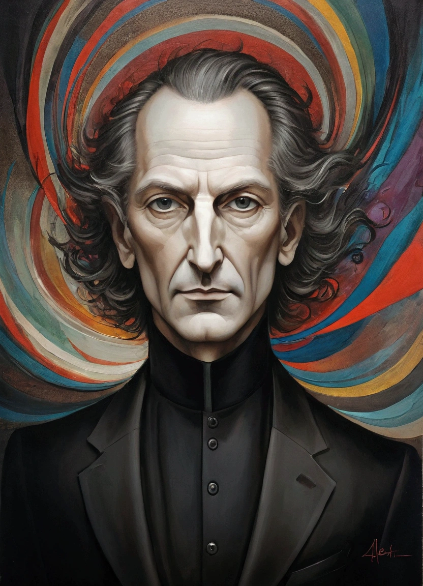 Imitating Alex Howitt (Alex Howitt) style of,style of santiago caruso，Abstract painting of a man, Colorful swirls on the face, portrait, Expressive,(masterpiece), (best quality), (Super Detail),