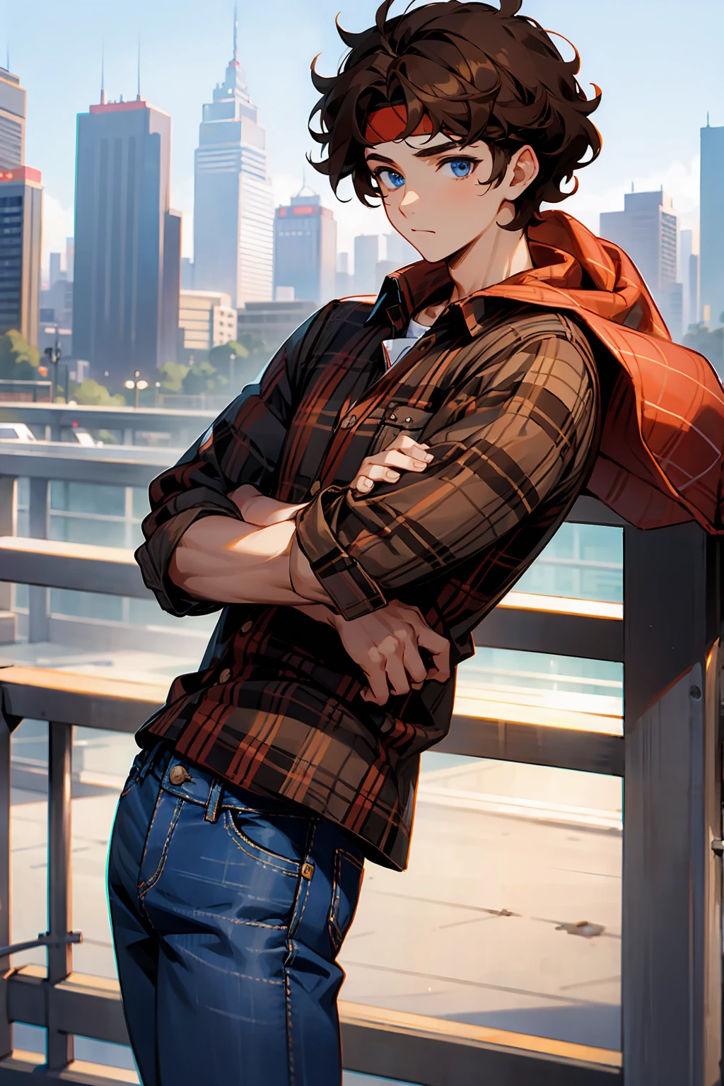 1male, Young Adult, Brown Hair, Curly Hair, Short Hair, Blue Eyes, Jeans, Headband, Flannel Shirt, City Background